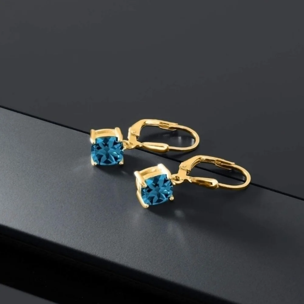18k Yellow Gold 2.35ct Blue London Topaz Cushion Earrings Silver 925 Anniversary